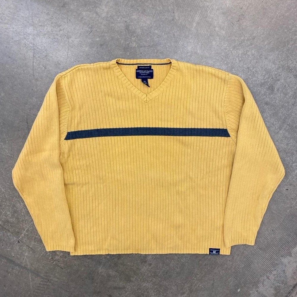 Vintage American Eagle Outfitters 2000s Yellow Navy V-Neck Sweater Striped XXL